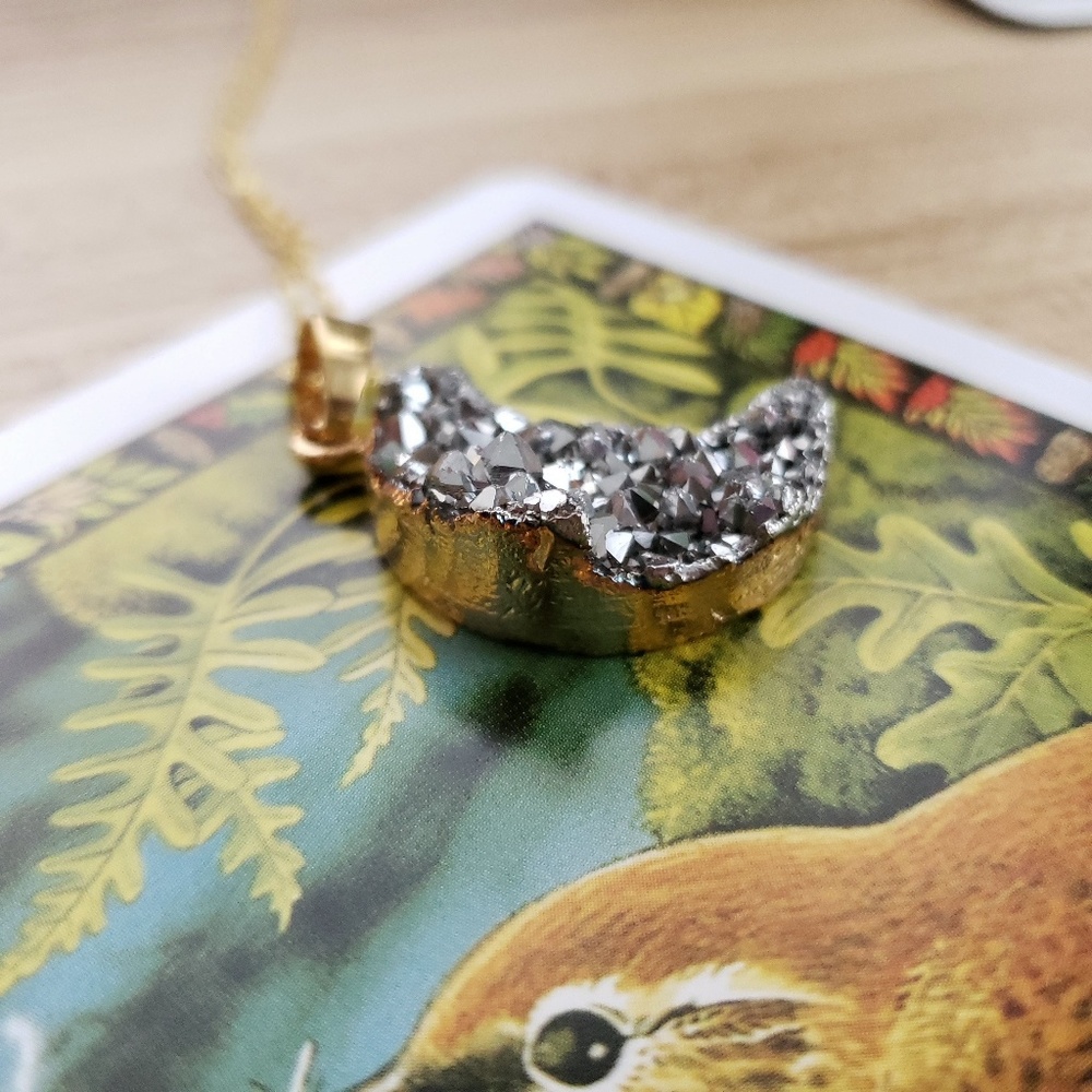 Celestial Crescent Moon Silver Druzy Necklace - image 8